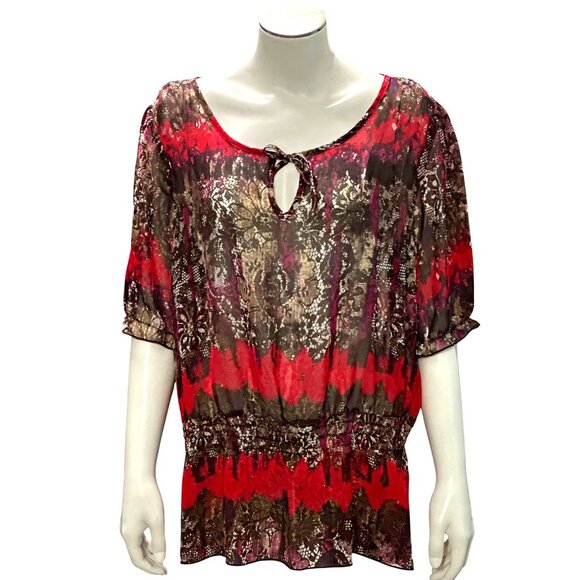 AGB XL Sheer Lace Tunic Red Black Snake Tie Neck Blouse Romantic Abstract Print - Picture 2 of 11